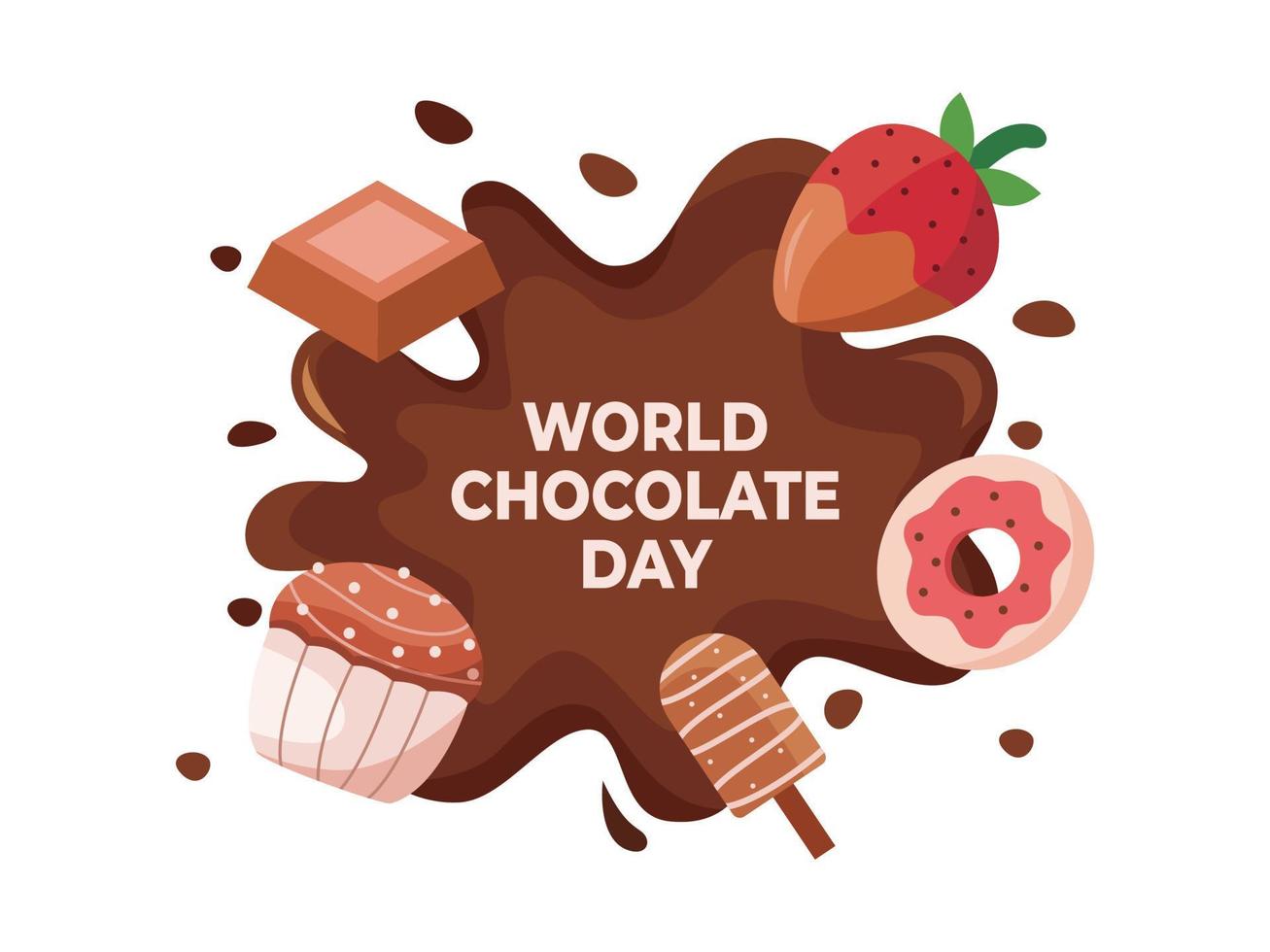 wereld chocolade dag achtergrond vector met chocolade splash. kan gebruiken voor wenskaart, ansichtkaart, banner, poster, web, print, enz