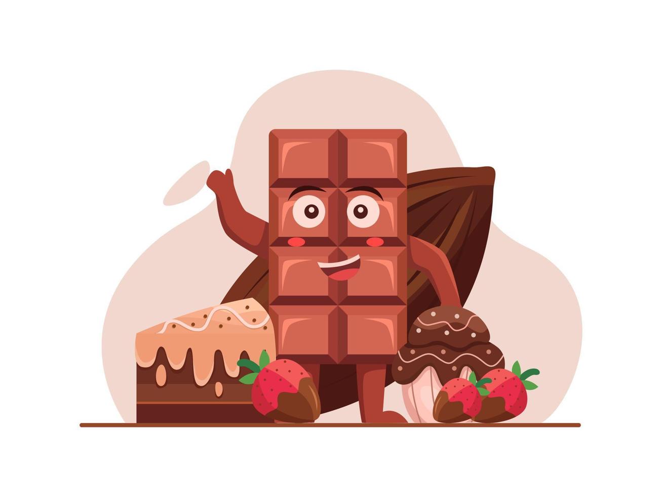 wereldchocolade met schattige chocoladereep cartoon afbeelding, happy chocolate day. geschikt voor ansichtkaart, spandoek, poster, wenskaart, web, sociale media, flyer, enz. vector