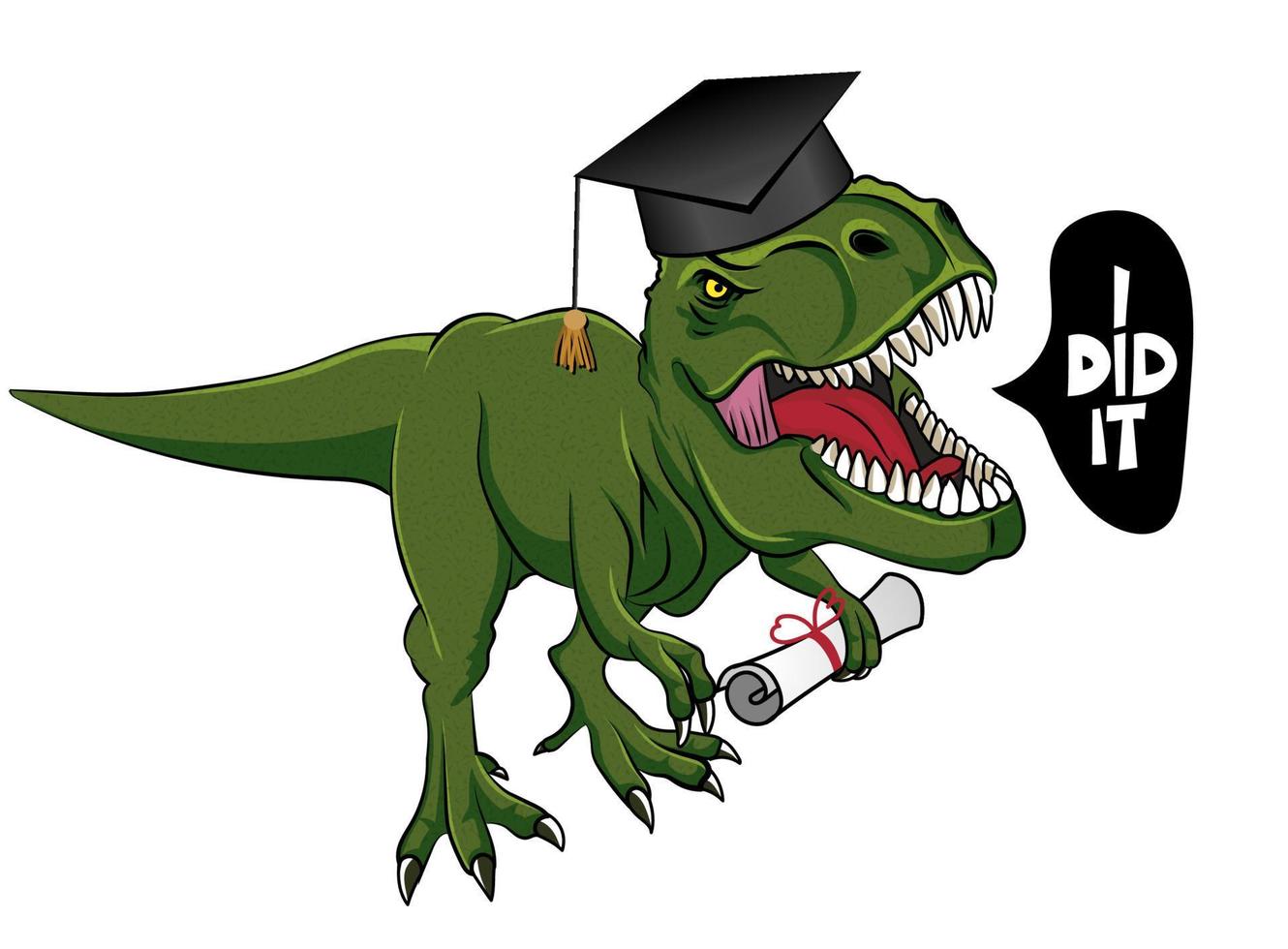 ik deed het - t rex tyrannosaurus in afgestudeerde pet. schattige lachende gelukkige dinosaurus met diploma. dino-personage in cartoonstijl. gefeliciteerd afgestudeerden. goed voor t-shirt, mok, cadeau. vector