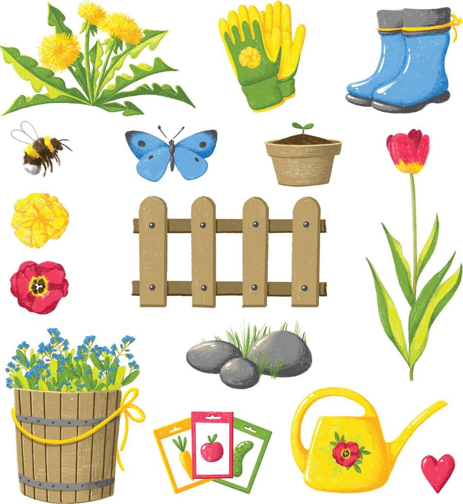 een set van verschillende objecten rond het thema lente en tuin. vector