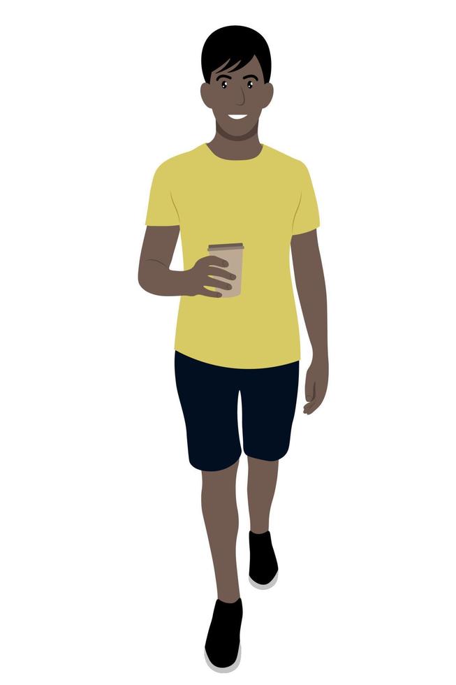 volledige lengte portret van een zwarte man die loopt met een papieren kopje koffie in zijn hand, vector geïsoleerd op een witte achtergrond, koffie om te gaan