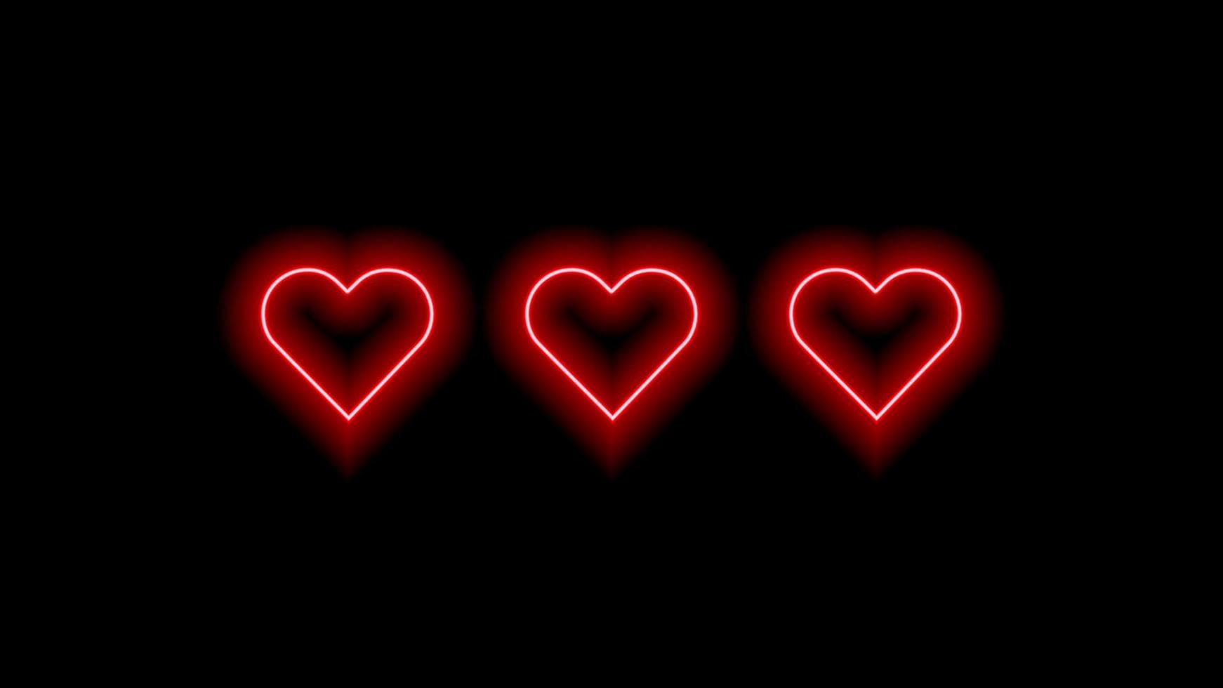drie rode neonharten op zwart. lichtgevende elementen voor uw ontwerp. vector