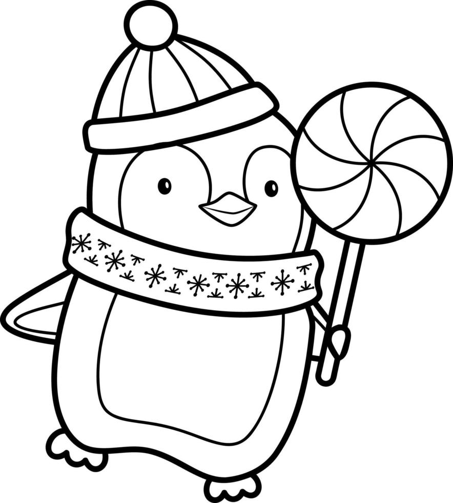 kerst kleurboek of pagina voor kinderen. kerst pinguïn zwart-wit vectorillustratie vector