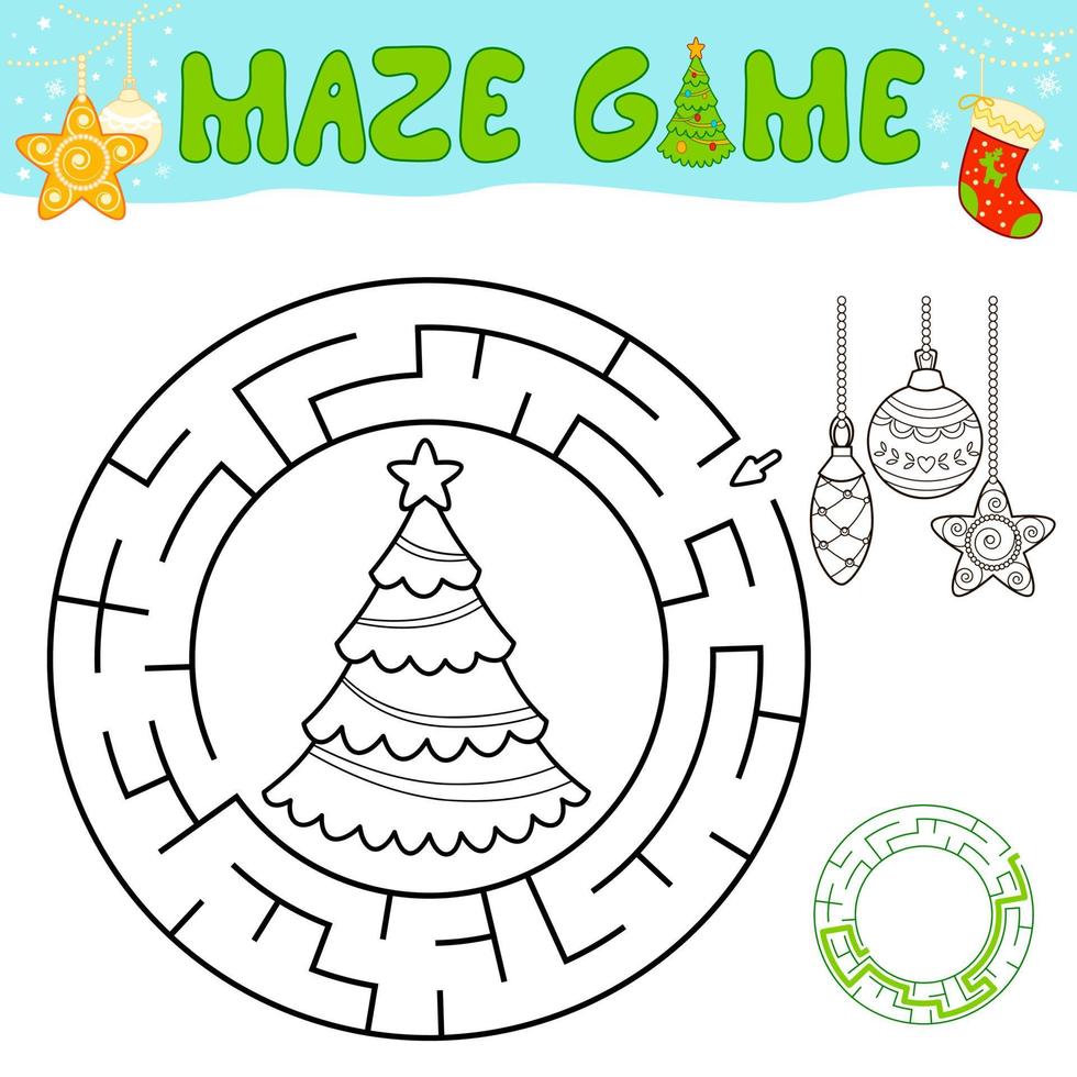 kerst zwart-wit doolhof puzzelspel voor kinderen. schets cirkel doolhof of labyrint spel met kerstboom en decoraties. vector