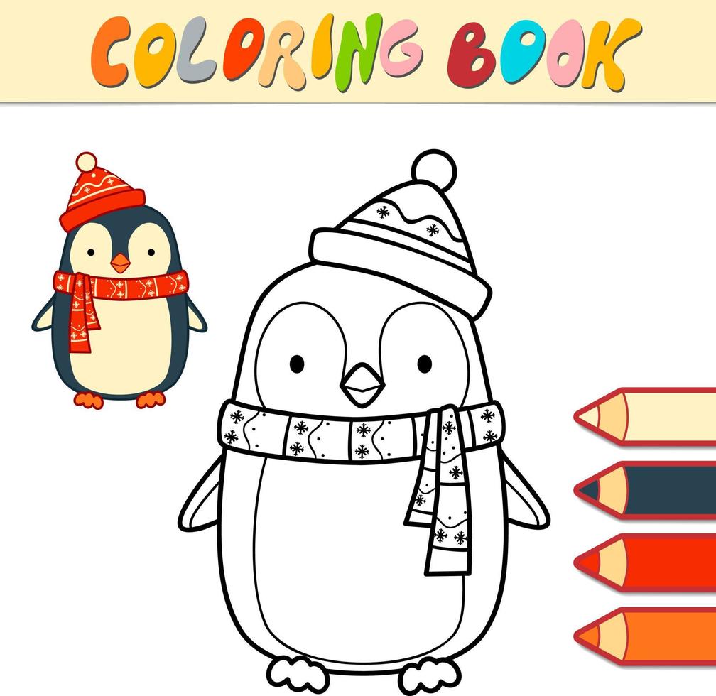 kleurboek of pagina voor kinderen. kerst pinguïn zwart-wit vectorillustratie vector