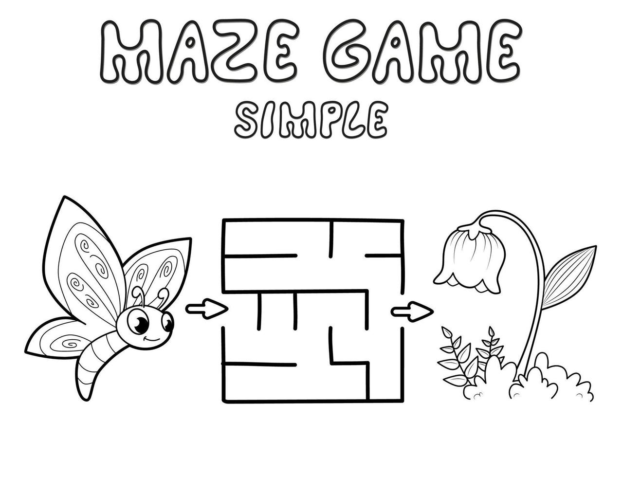 eenvoudig doolhof puzzelspel voor kinderen. schets eenvoudig doolhof of labyrintspel met vlinder en bloem. vector