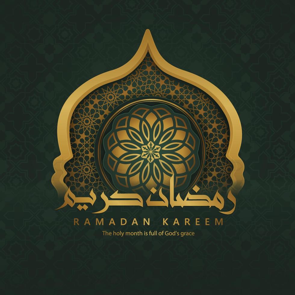 ramadan achtergrond islamitisch groetontwerp met moskeedeur met bloemenornament en arabische kalligrafie. vector illustratie