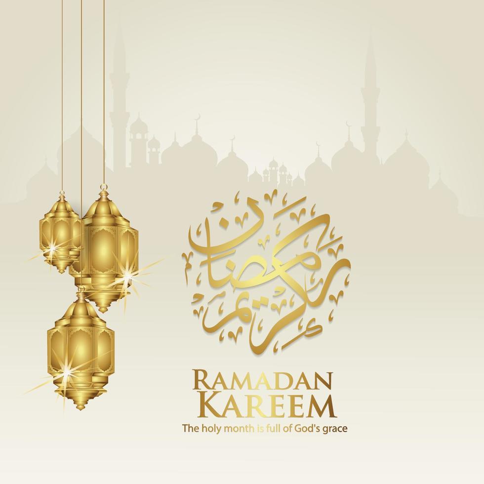 ontwerp wenskaart ramadan moment met luxe Arabische kalligrafie, halve maan, traditionele lantaarn en moskee patroon textuur islamitische achtergrond sjabloon. vector