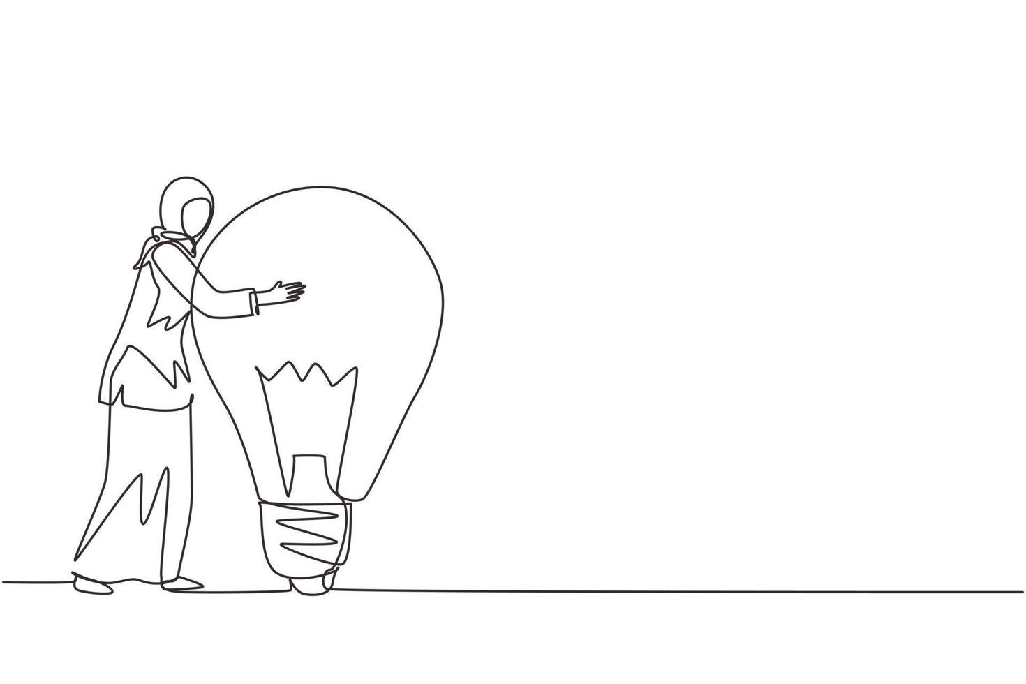 enkele doorlopende lijntekening Arabische zakenvrouw knuffelt grote gloeilamp. vrouw met licht idee lamp. zakelijk succes, creatief, inspiratie, opstarten van bedrijven. één lijn tekenen ontwerp vectorillustratie vector