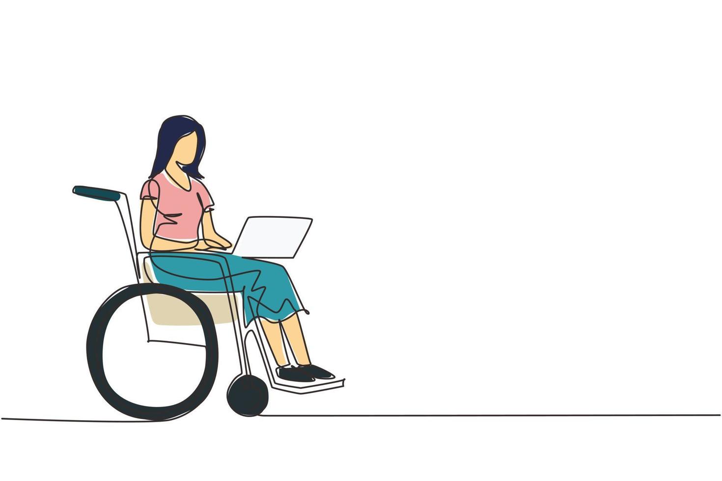 continu één lijntekening gehandicapte vrouw die op laptop werkt. rolstoel, idee, computer. freelance, arbeidsongeschiktheid. online baan en opstarten. lichamelijke handicap en de samenleving. enkele lijn tekenen ontwerp vector