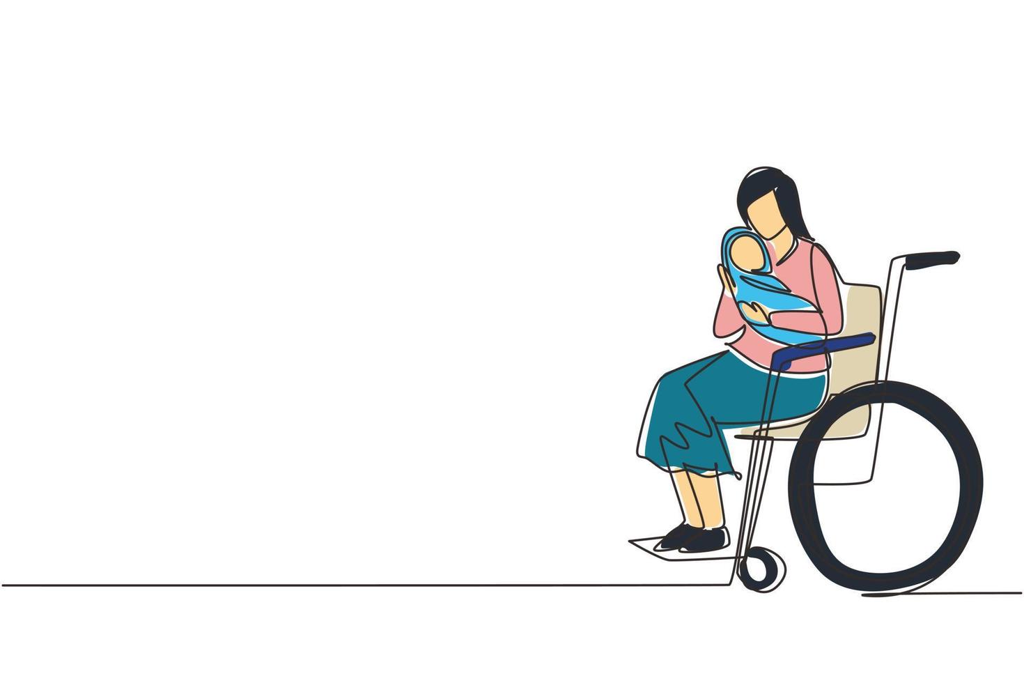 enkele doorlopende lijntekening ouders met pasgeboren baby. vrouw houd baby, zittend in een rolstoel. gehandicapte vrouw met baby in haar armen. familie liefde concept. één lijn tekenen ontwerp vectorillustratie vector