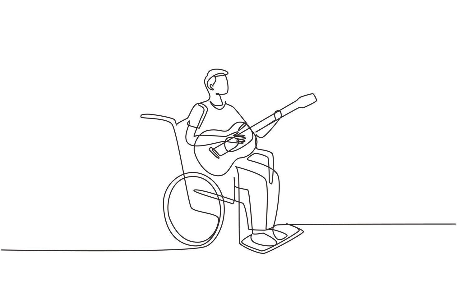 enkele een lijntekening muzikant man zit rolstoel met akoestische gitaar muziek spelen, lied zingen. fysiek niet in staat. patiënt in het revalidatiecentrum. doorlopende lijn tekenen ontwerp vectorillustratie vector