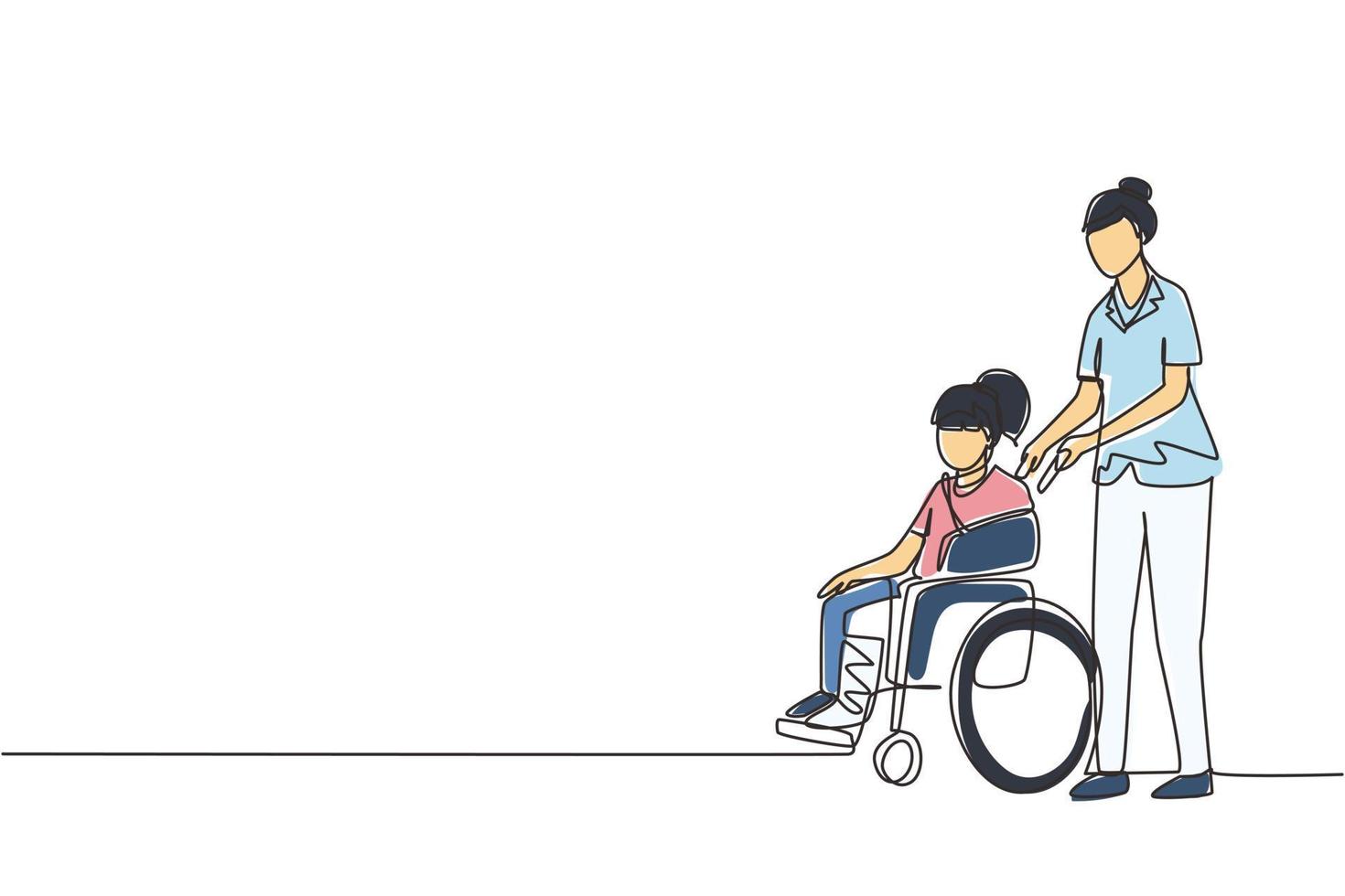 enkele doorlopende lijntekening paramedicus hulp gehandicapt meisje in rolstoel in transport. tijd samen doorbrengen met plezier, gelijke kansen. vrijwillige hulp. één lijn tekenen ontwerp vector