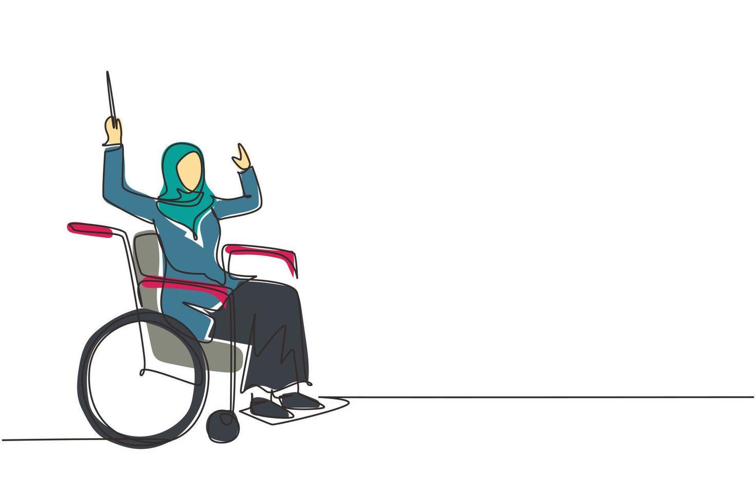 continu één lijntekening jonge arabische vrouw dirigent zittend in rolstoel leidende orkest. handicap, klassieke muziek. fysiek niet in staat. enkele lijn tekenen ontwerp vector grafische afbeelding