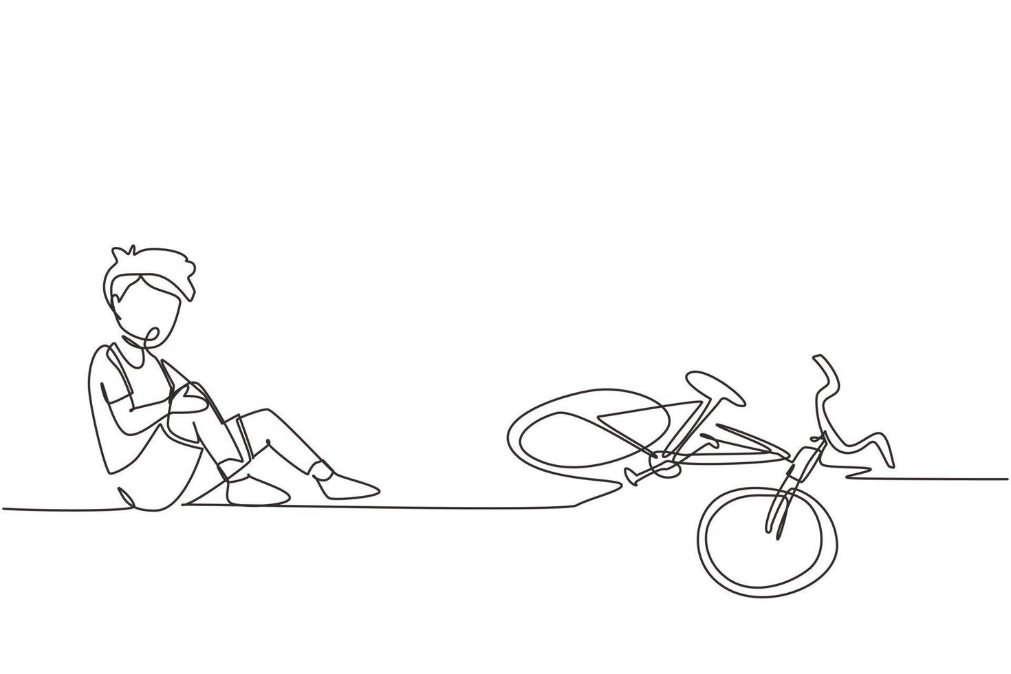 enkele doorlopende lijntekening jongen van de fiets gevallen. fiets ongeval. kinderen gevallen beschadigde fiets gebroken vervoer kinderen ongevallen helpende persoon. dynamische één lijn tekenen ontwerp vectorillustratie vector