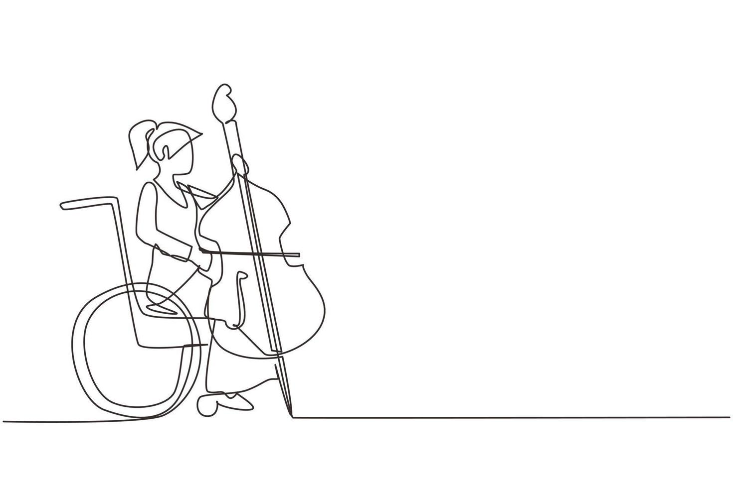 enkele een lijntekening vrouw zittend in een rolstoel speelt cello in opera concert. handicap en klassieke muziek. fysiek niet in staat. doorlopende lijn tekenen ontwerp grafische vectorillustratie vector