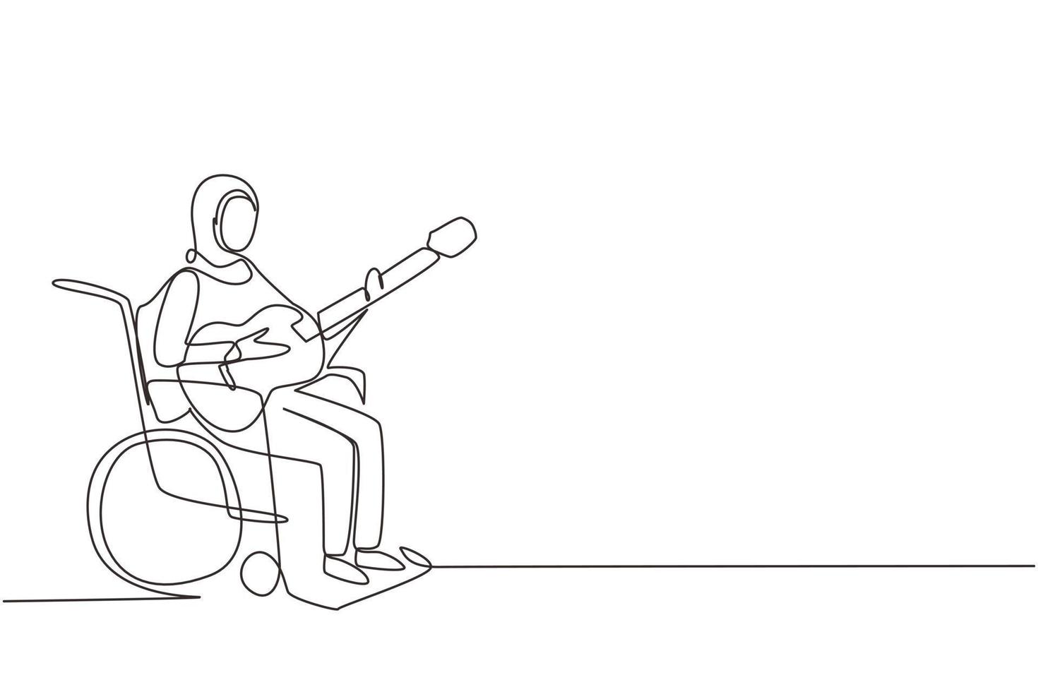 enkele doorlopende lijntekening jonge arabische vrouw zit in een rolstoel met akoestische gitaar, speel muziek, zing een lied. fysiek niet in staat. patiënt in het revalidatiecentrum. één lijn tekenen ontwerp vectorillustratie vector