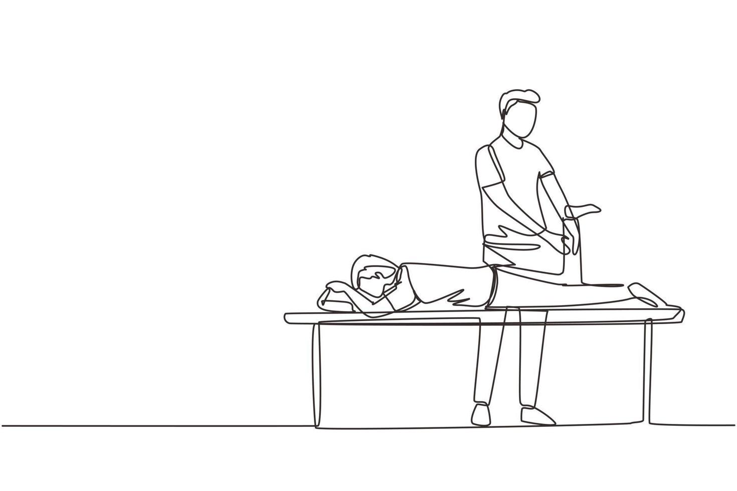 enkele doorlopende lijntekening fysiotherapie revalidatie hulp. man patiënt liggend op massagetafel therapeut doet genezende behandeling masseren gewonde voet. een lijn tekenen grafisch ontwerp vector