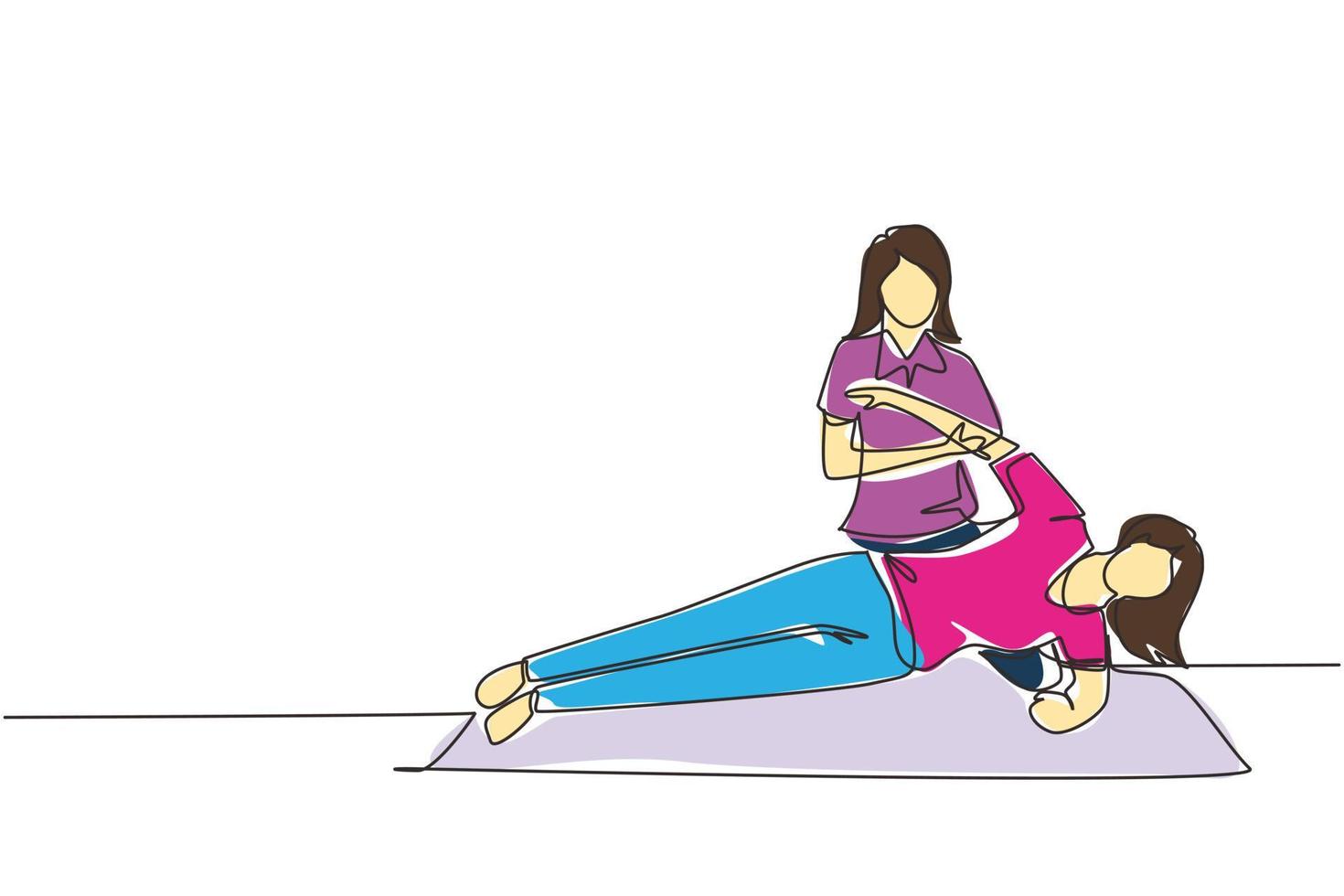 enkele doorlopende lijntekening vrouw patiënt liggend op de vloer masseur therapeut doet helende behandeling masseren van het lichaam van de patiënt manuele sport fysiotherapie. één lijn tekenen ontwerp vectorillustratie vector