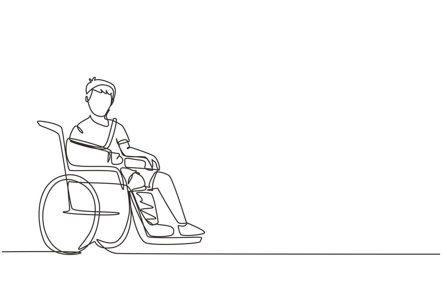 continu één lijntekening gewonde boos jongen in gips of gegoten, zittend in een rolstoel die lijdt aan pijn. been ongeval. gewond jongetje. enkele lijn tekenen ontwerp vector grafische afbeelding