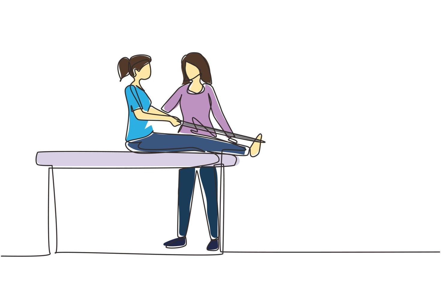 continue één lijntekening mensenmassage, professionele ontspanningstherapie, medische gezondheid, vrouwelijke masseur. vrouw zittend op de bank, geneeskunde wellness therapeut specialist. enkele lijn tekenen ontwerp vector