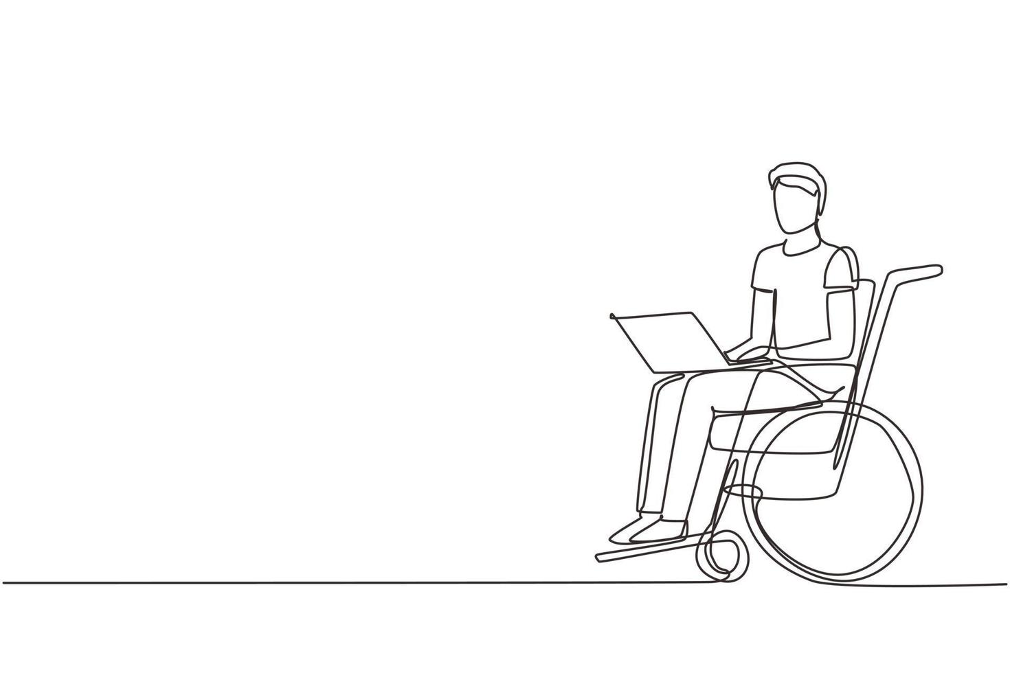 enkele doorlopende lijntekening gehandicapte man aan het werk op laptop. rolstoel, idee, computer. freelance, arbeidsongeschiktheid. online baan en opstarten. lichamelijke handicap en de samenleving. één lijn tekenen ontwerp vector