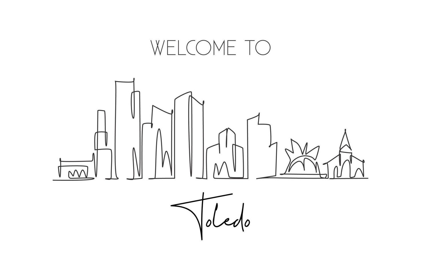 enkele doorlopende lijntekening van de skyline van de stad Toledo, Ohio. beroemde stad schraper landschap. wereld reizen huis muur decor art poster print concept. moderne één lijn tekenen ontwerp vectorillustratie vector