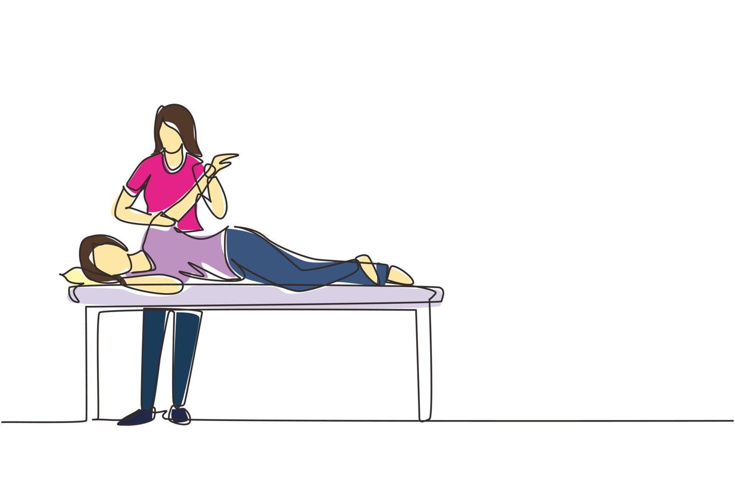 enkele doorlopende lijntekening vrouw patiënt liggend op massagetafel therapeut doet helende behandeling masseren gewonde hand manuele fysiotherapie revalidatie concept. één lijn tekenen ontwerp vector