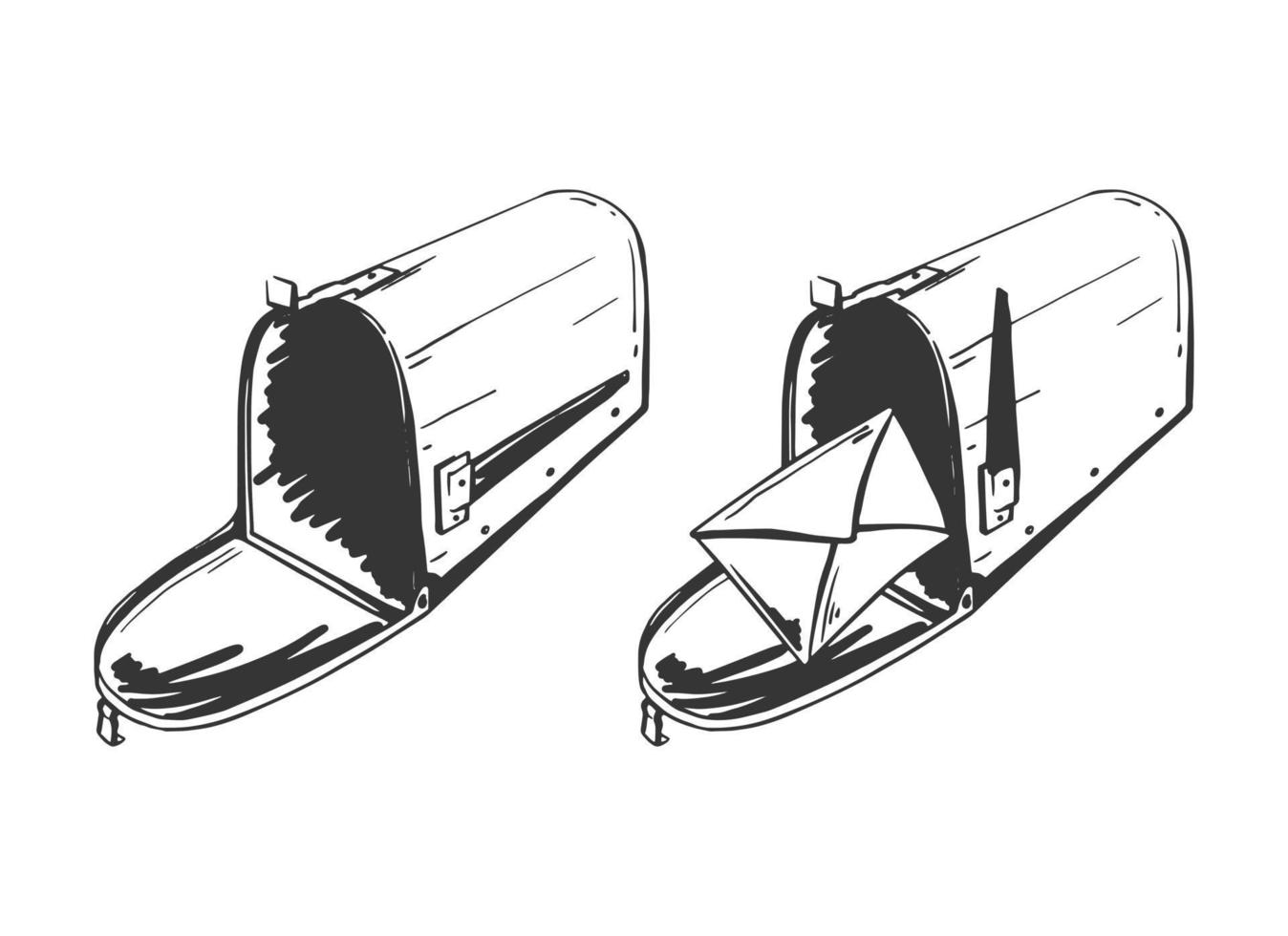 Amerikaanse brievenbus schets. twee open brievenbussen met brief en lege. posterijen. vector handgetekende illustratie