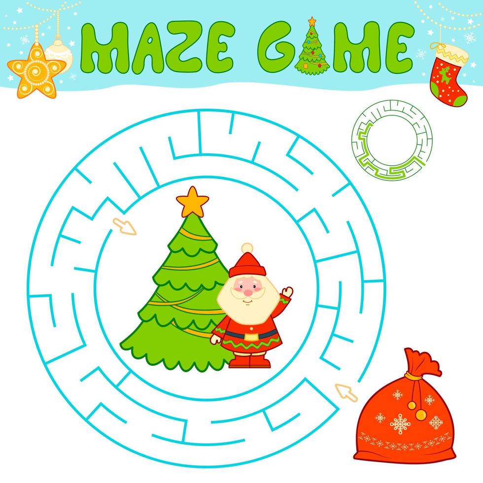 kerst doolhof puzzelspel voor kinderen. cirkel doolhof of labyrint spel met kerst tas. vector
