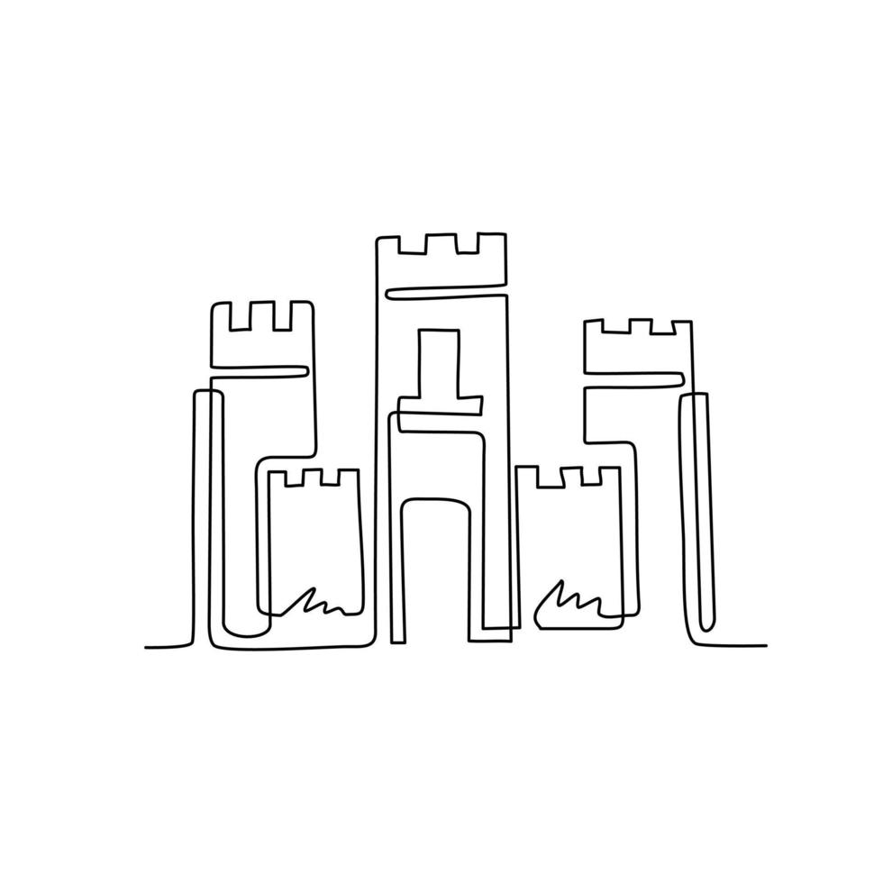 continu één lijntekening ridderkasteel. stenen middeleeuws fort met toren, muur en poort. bescherming tegen vijanden. betrouwbaarheid en verdediging van de stad. enkele lijn tekenen ontwerp vectorafbeelding vector