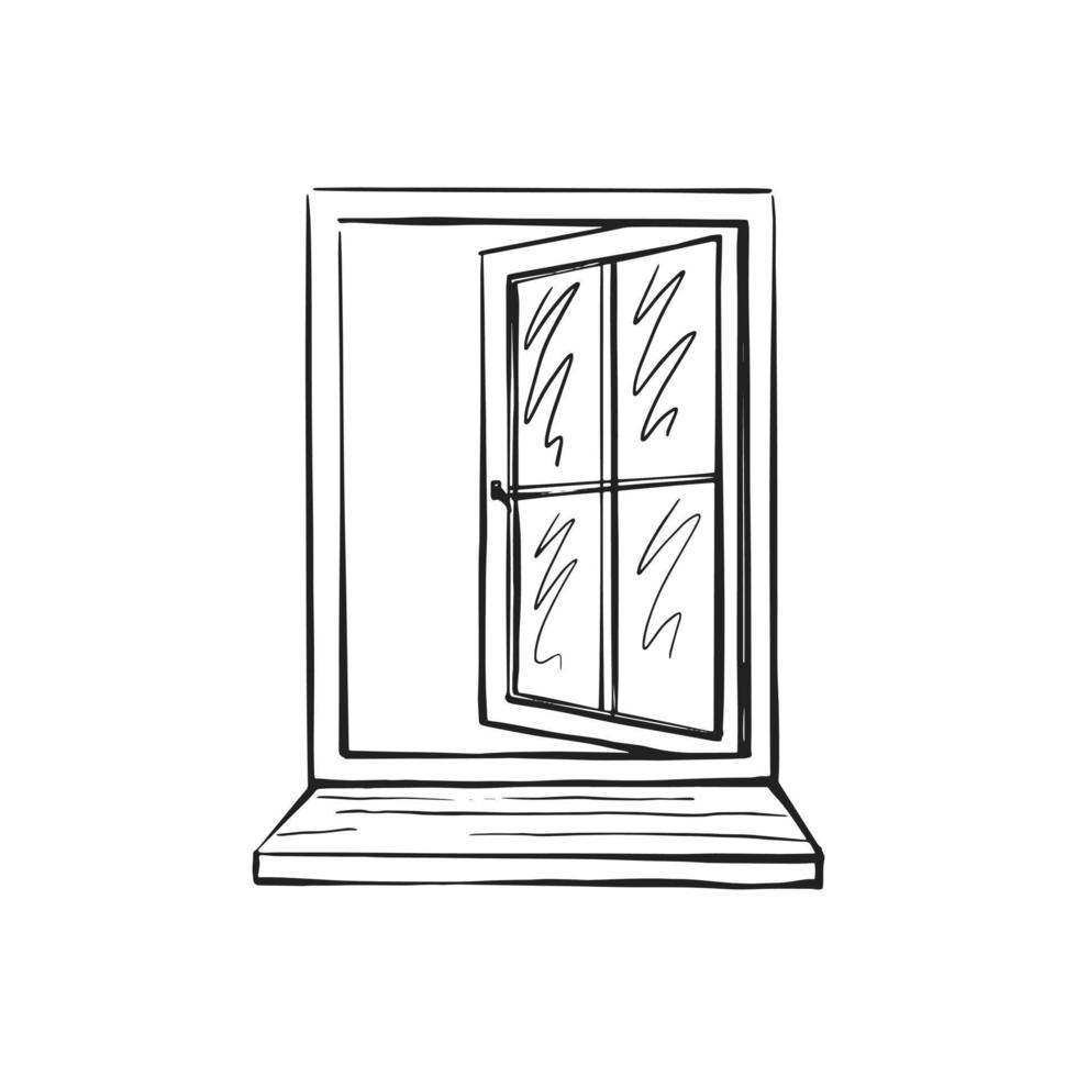 open glazen raam in een frame. schets op een witte geïsoleerde achtergrond. interieur. vector handgetekende illustratie
