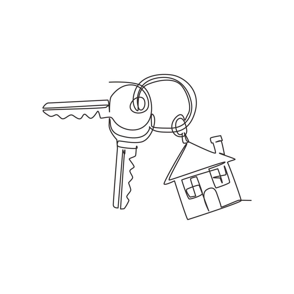 enkele doorlopende lijntekening sleutelhanger met sleutelhanger, twee sleutels en een hanger huis medaillon. sleutelhanger met huis met medaillon vector icoon. dynamische één lijn trekken grafisch ontwerp vectorillustratie