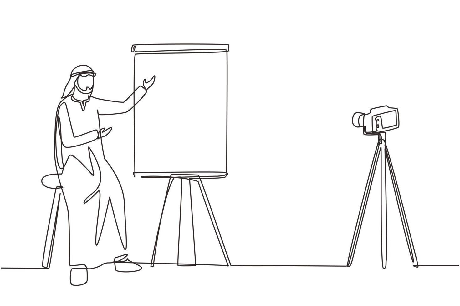 enkele een lijntekening Arabische zakenman blog doet presentatie. marketeer, financieel adviseur, business coach, trainer. ondernemer streaming webinar continu lijn tekenen ontwerp vectorillustratie vector