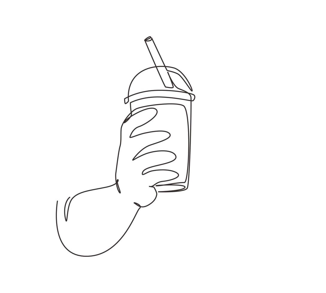 continue één lijntekening hand met plastic beker beroemde taiwanese bubble tea. bruine suiker smaak tapioca parel bubbel melk thee met glazen rietje. enkele lijn tekenen ontwerp vectorillustratie vector