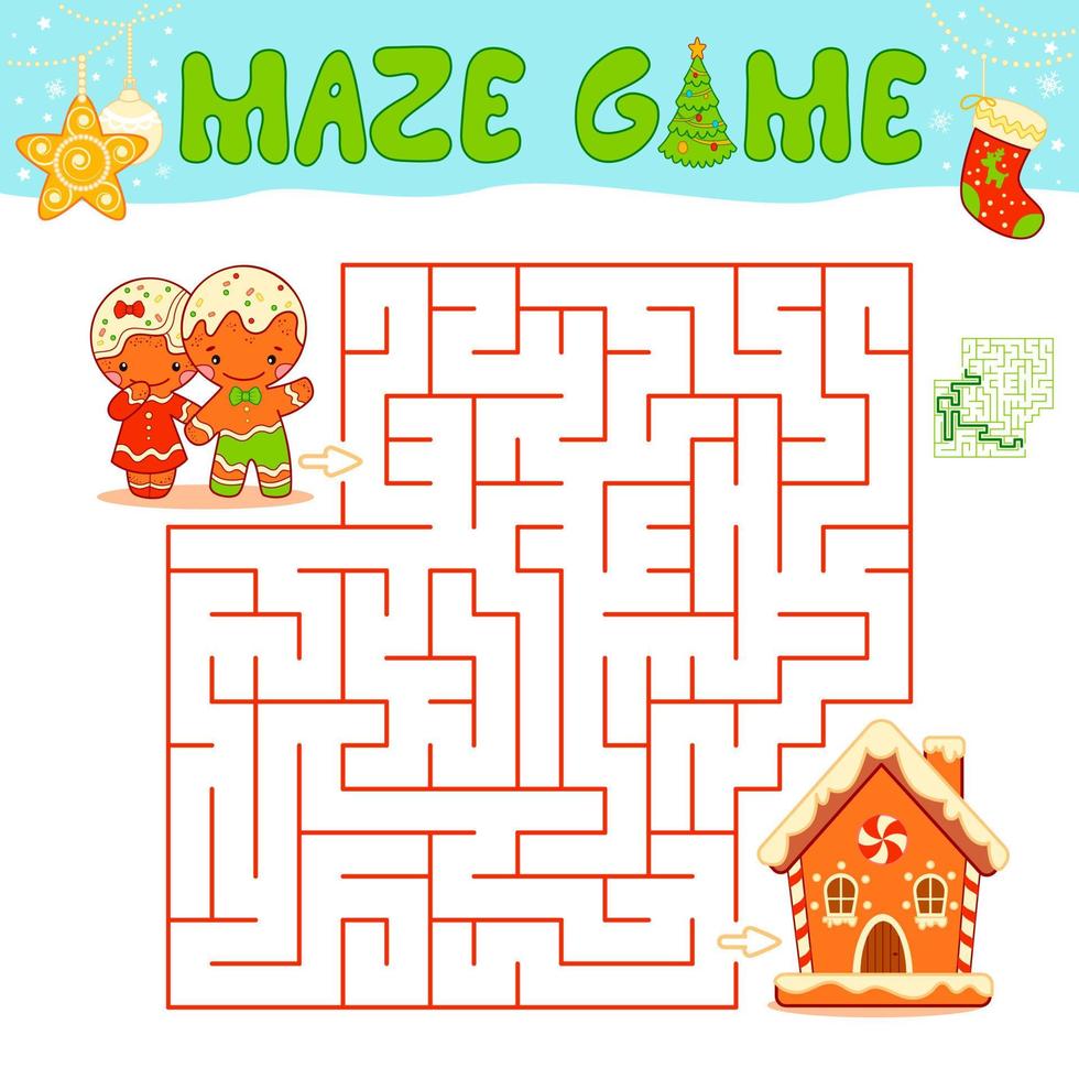 kerst doolhof puzzelspel voor kinderen. doolhof of labyrint spel met kerst peperkoek man en peperkoek huis. vector