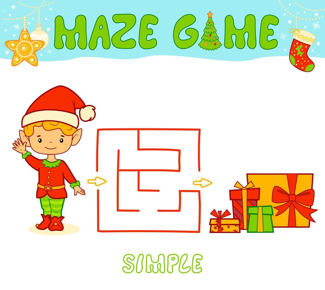 kerst doolhof puzzelspel voor kinderen. eenvoudig doolhof- of labyrintspel met kerstjongen elf. vector