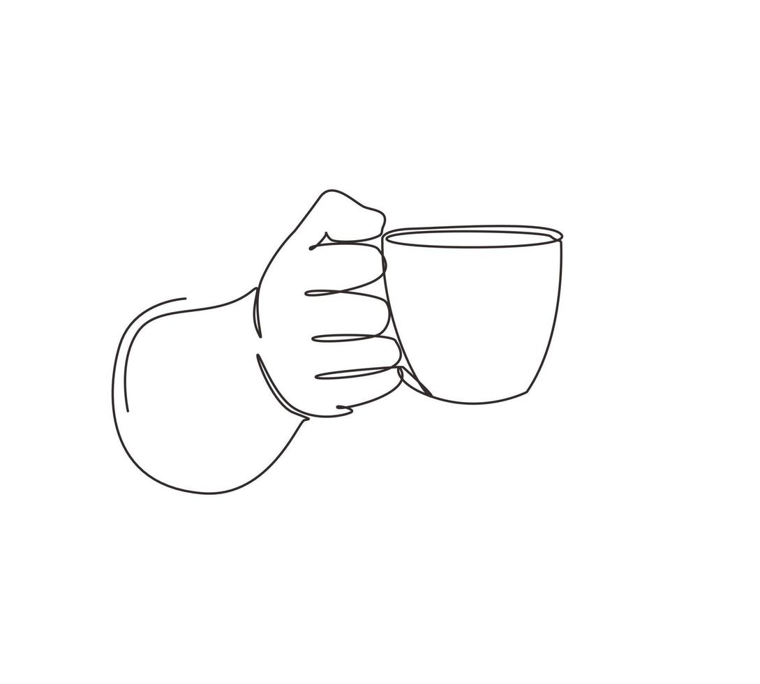 enkele één lijntekening hand met warme koffiekop met stoom, zakenman wil koffie drinken. handen werknemer wil koffie drinken voor het werk. doorlopende lijn tekenen ontwerp vectorillustratie vector