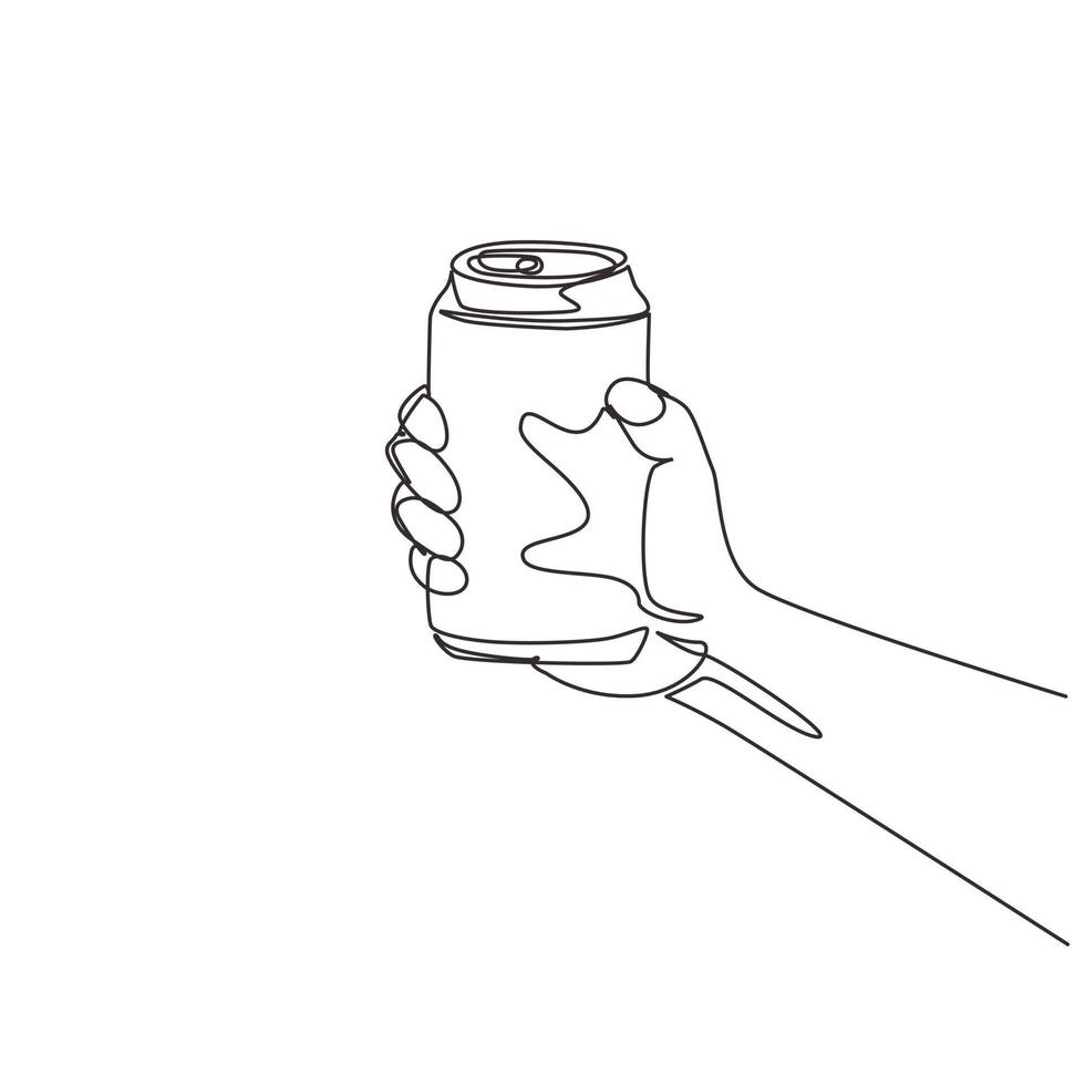 enkele doorlopende lijntekening hand met een aluminium blikje drinken zonder etiketten. dranken in metalen containers. verfrissend drankje voor mensen. dynamische één lijn trekken grafisch ontwerp vectorillustratie vector