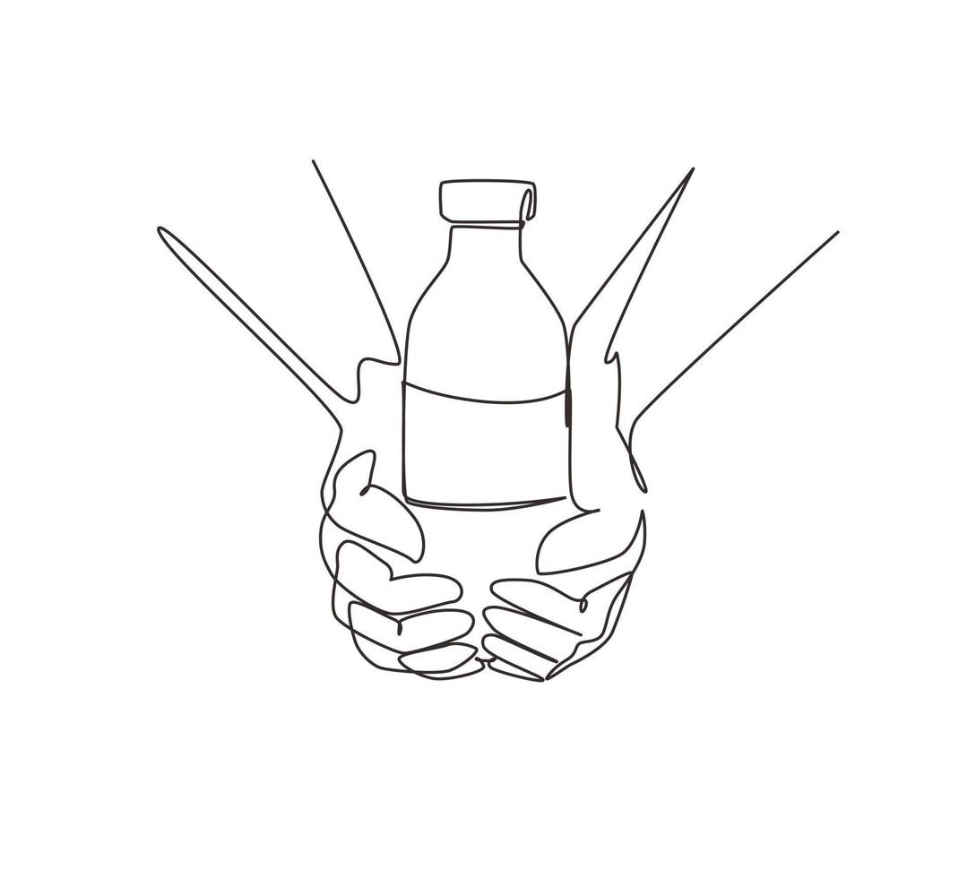 enkele één lijntekening handen houden glazen flessen plantaardige lactosevrije melk vast, heeft gezonde voeding. niet-zuivel alternatieve drank. moderne doorlopende lijn tekenen ontwerp grafische vectorillustratie vector