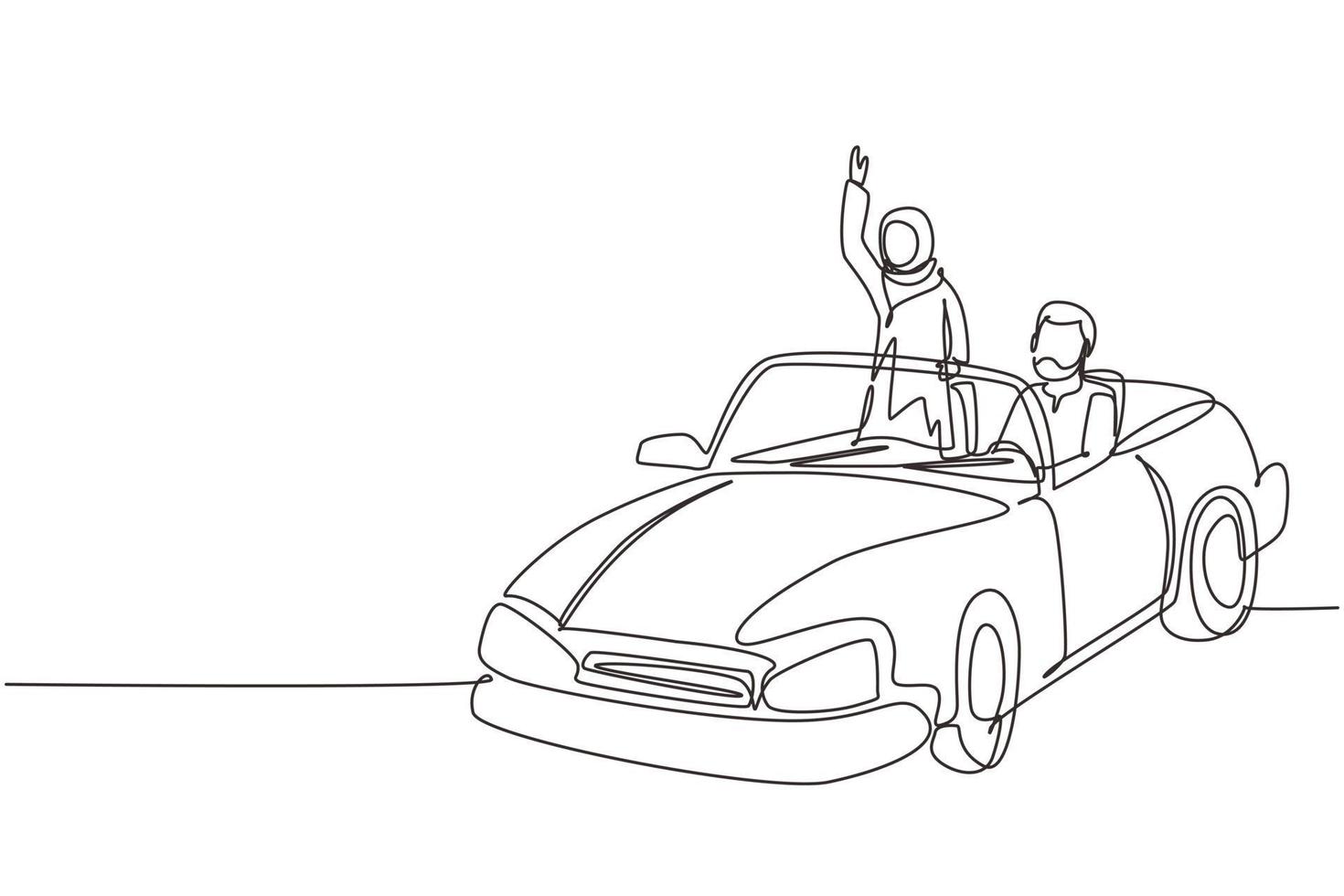 enkele doorlopende lijntekening gelukkig arabisch paar rijdende auto gaat op roadtrip. romantische man en vrouw rijden in cabriolet auto. paar zomervakantie reizen. een lijn tekenen grafisch ontwerp vector