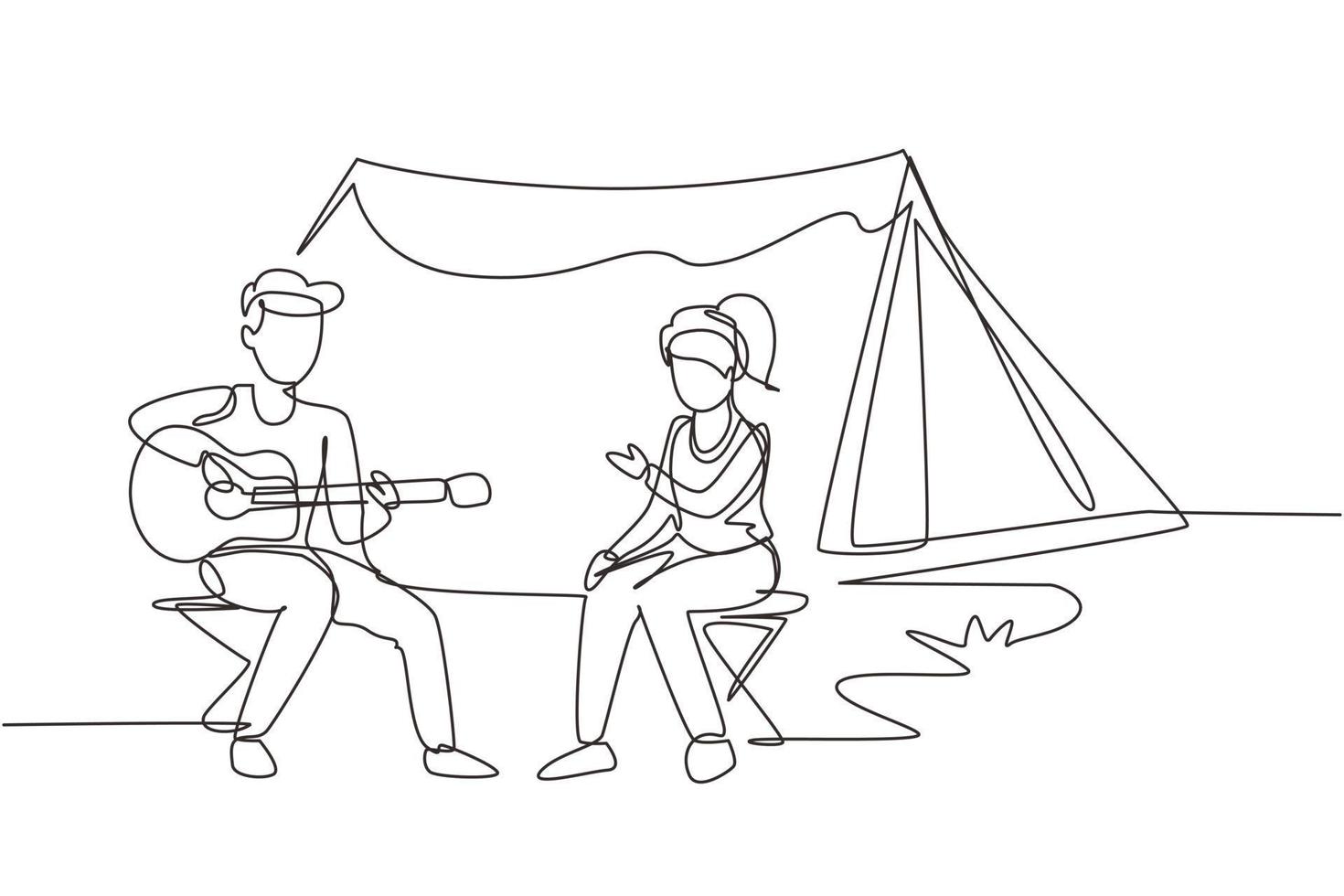 continu één lijntekening paar toeristische camping. camper zittend bij kampvuur naast kamptent, man die muziekgitaar speelt, mensen genieten van natuurpicknick. openlucht zomertoerisme. ontwerp met één lijntekening vector