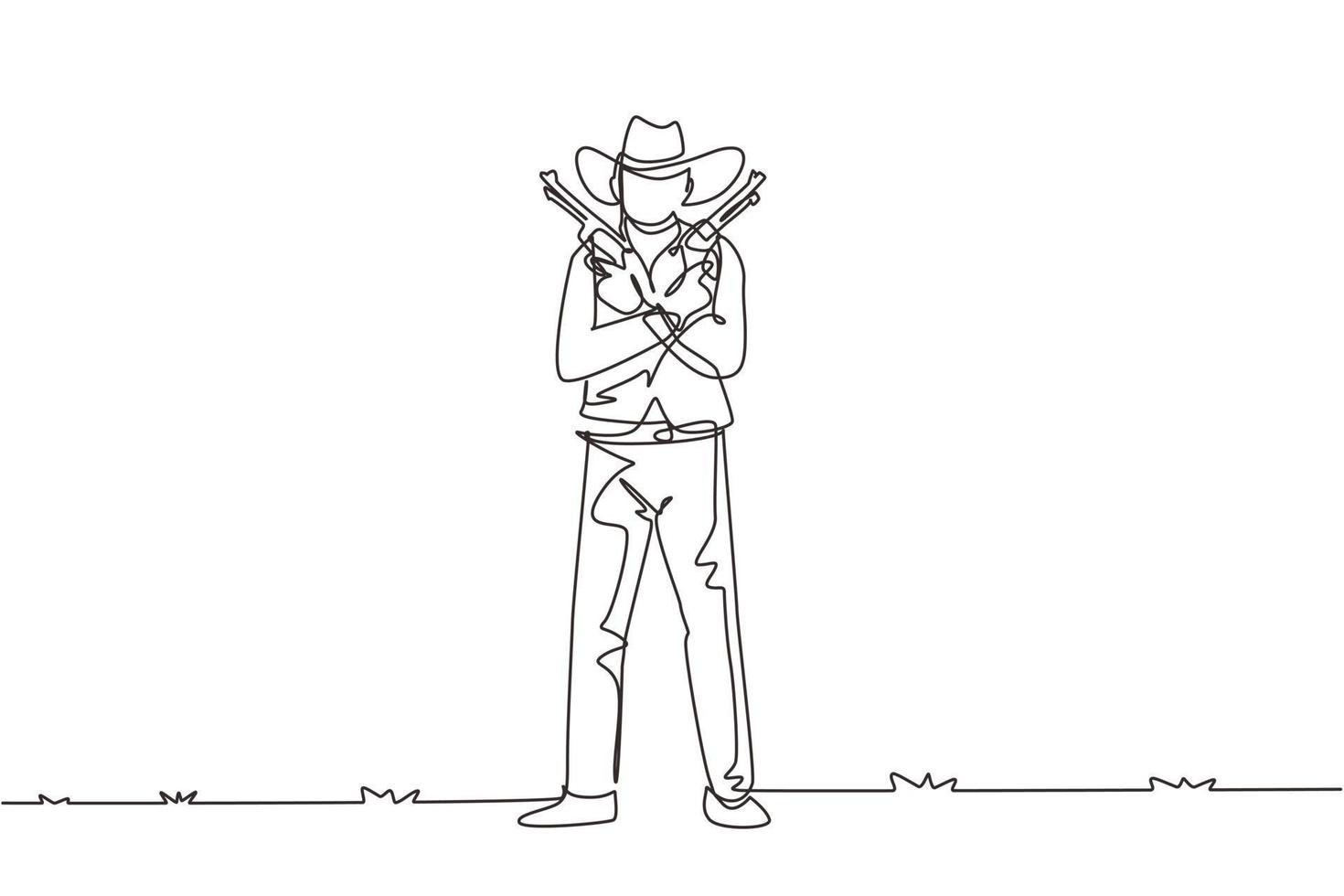 enkele een lijntekening wilde westen revolverheld met twee geweren. Amerikaanse cowboys houden zijn twee wapens boven zijn borst. wapens voor zelfverdediging. moderne ononderbroken lijntekening ontwerp grafische vector