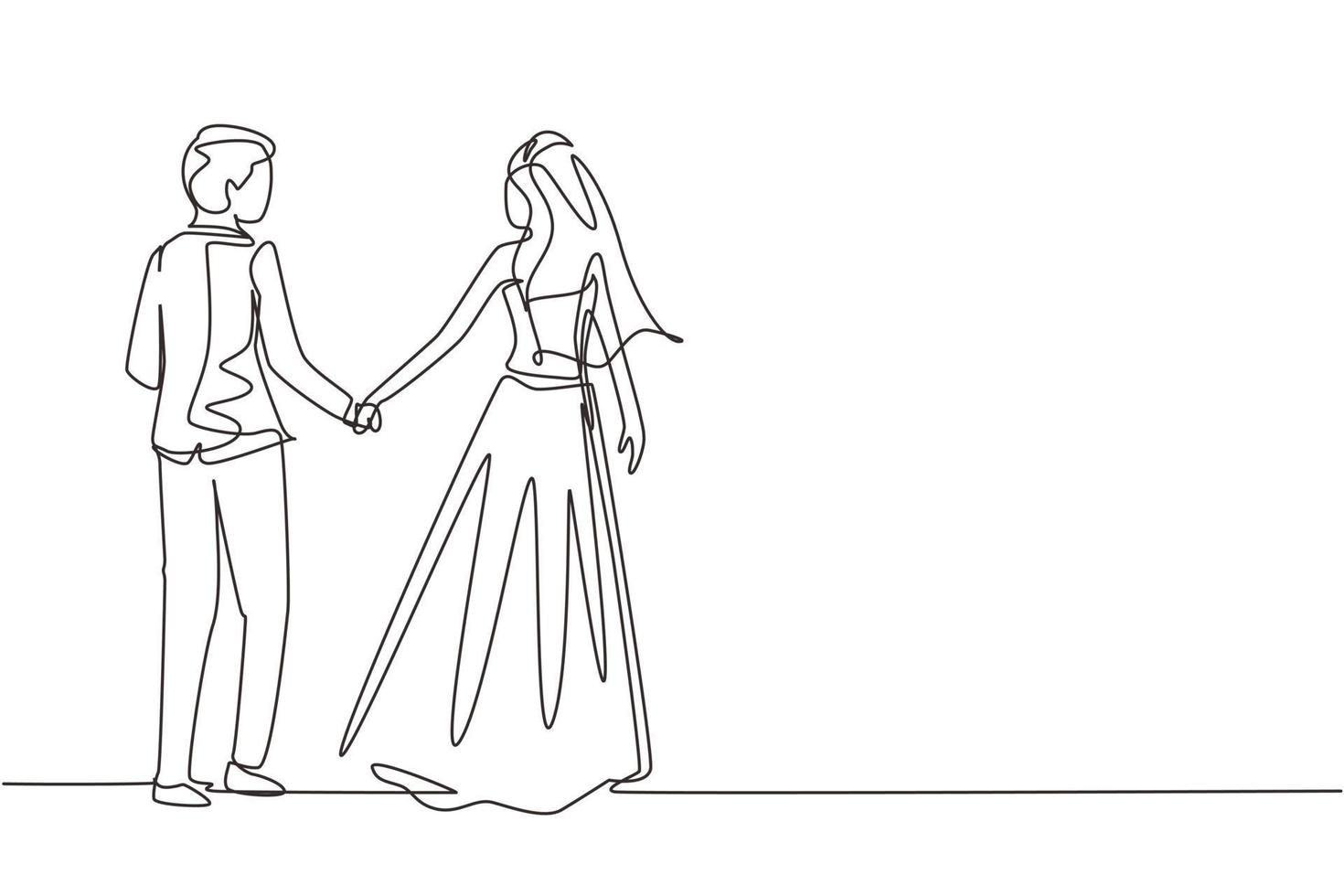 enkele een lijntekening romantisch getrouwd paar verliefd hand in hand. man met pak en vrouw met trouwjurk verliefd tijd samen doorbrengen in het park. ononderbroken lijntekening ontwerp grafische vector