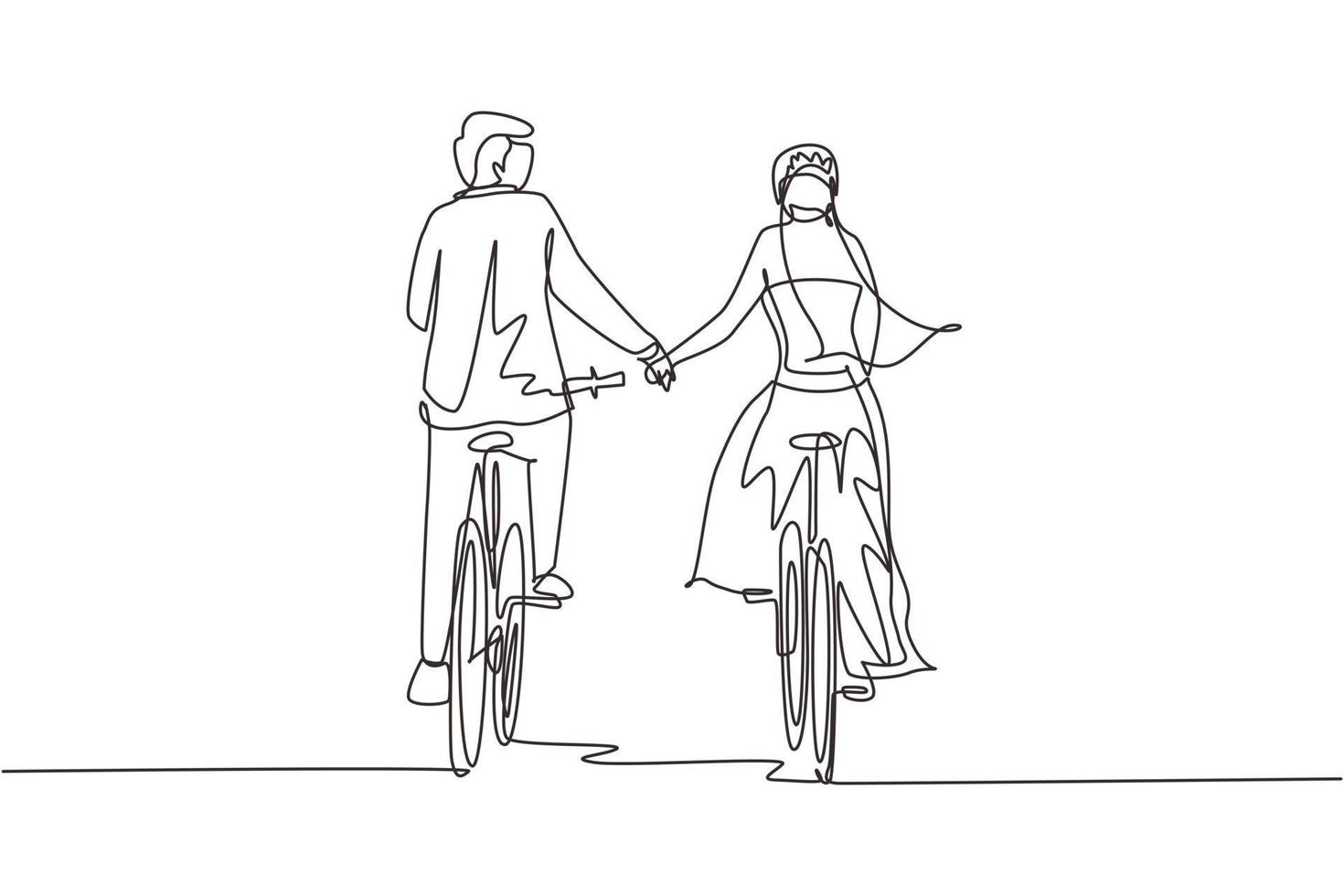 enkele doorlopende lijntekening gelukkig romantisch getrouwd stel fietsen terug naar de camera en hand in hand. jonge man en vrouw verliefd trouwjurk dragen. een lijn tekenen grafisch ontwerp vector