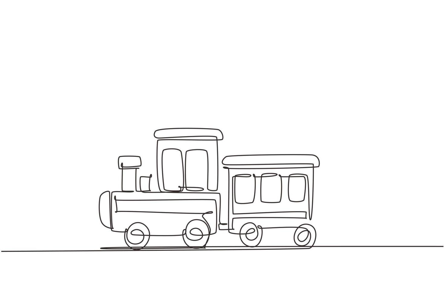 doorlopende speelgoedtrein met één lijntekening. leuke speelgoedtrein en locomotief met treinwagon. baby trein speelgoed. passagier en vracht. icoon van kinderspeelgoed. enkele lijn ontwerp vector grafische afbeelding