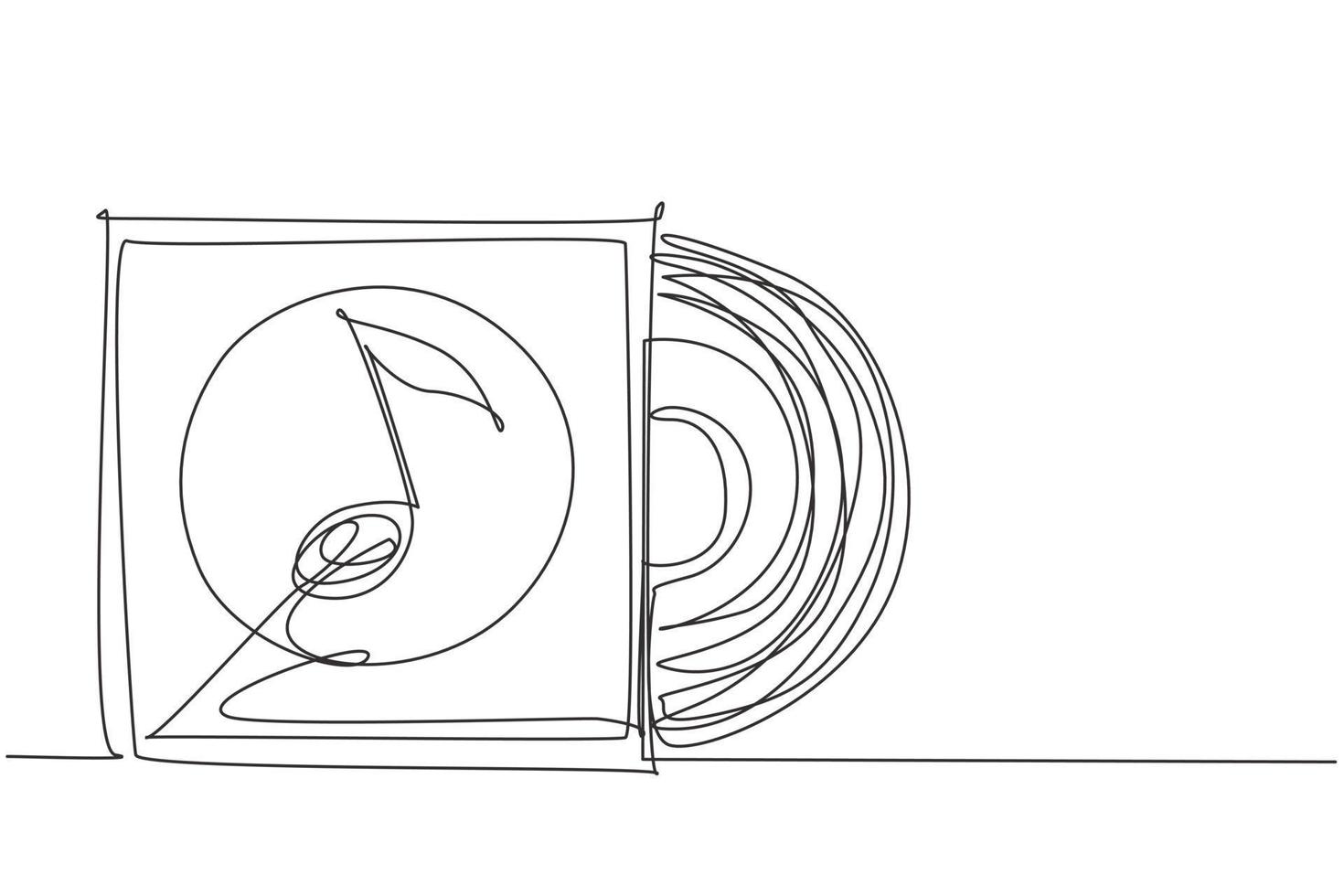 continu één lijntekening realistische vinylplaat met omslagmodel. typografie met koptelefoon en geluidsgolf. muziek collectie. vooraanzicht. enkele lijn tekenen ontwerp vector grafische afbeelding