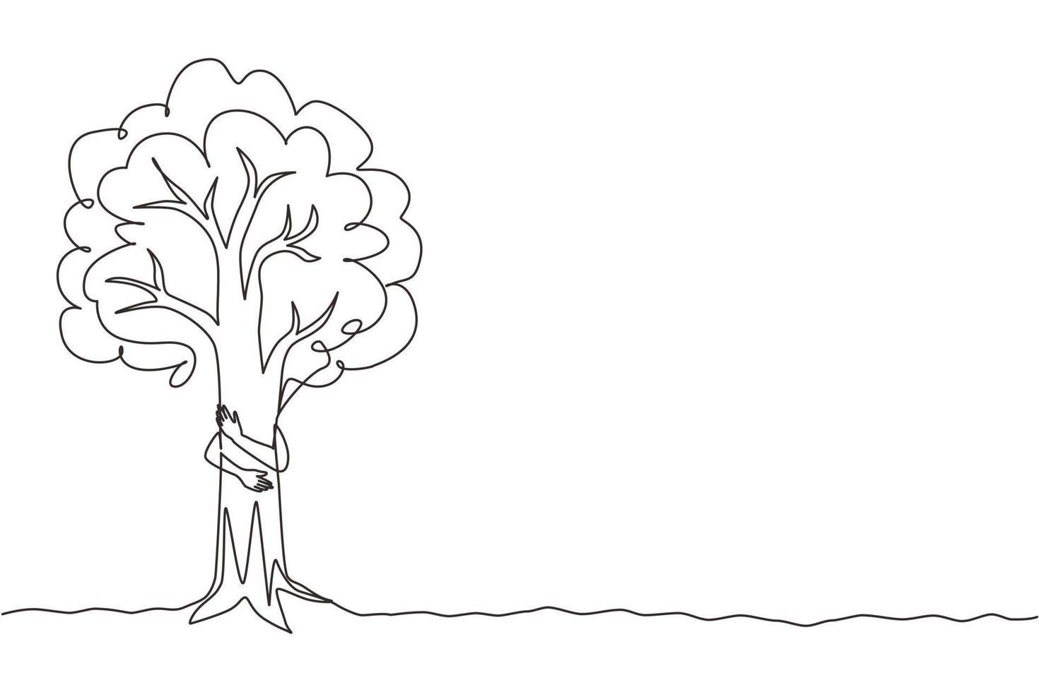 enkele een lijntekening man knuffelen boom in park. symbool van liefdevolle planten en het milieu. landbouw. aarde dag, ecologie concept. moderne doorlopende lijn tekenen ontwerp grafische vectorillustratie vector