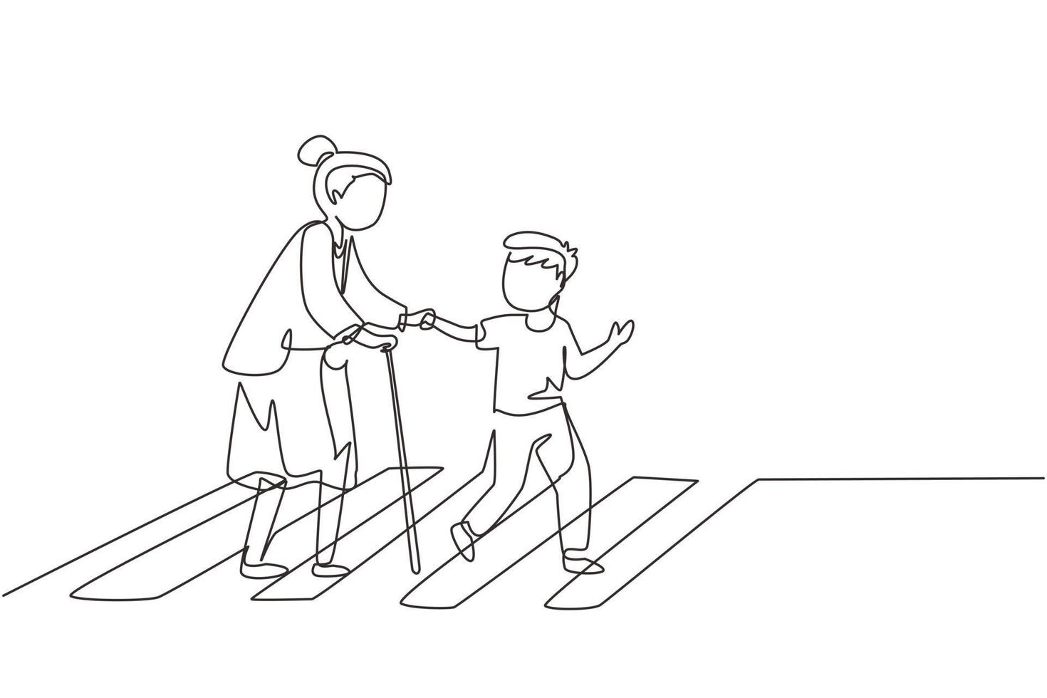 enkele doorlopende lijntekening beleefde jongen helpt grootmoeder de straat over te steken. welgemanierde kinderbijstand aan bejaarde vrouw. kind en oudere vrouw gaan samen op zebrapad. één regel grafisch ontwerp vector