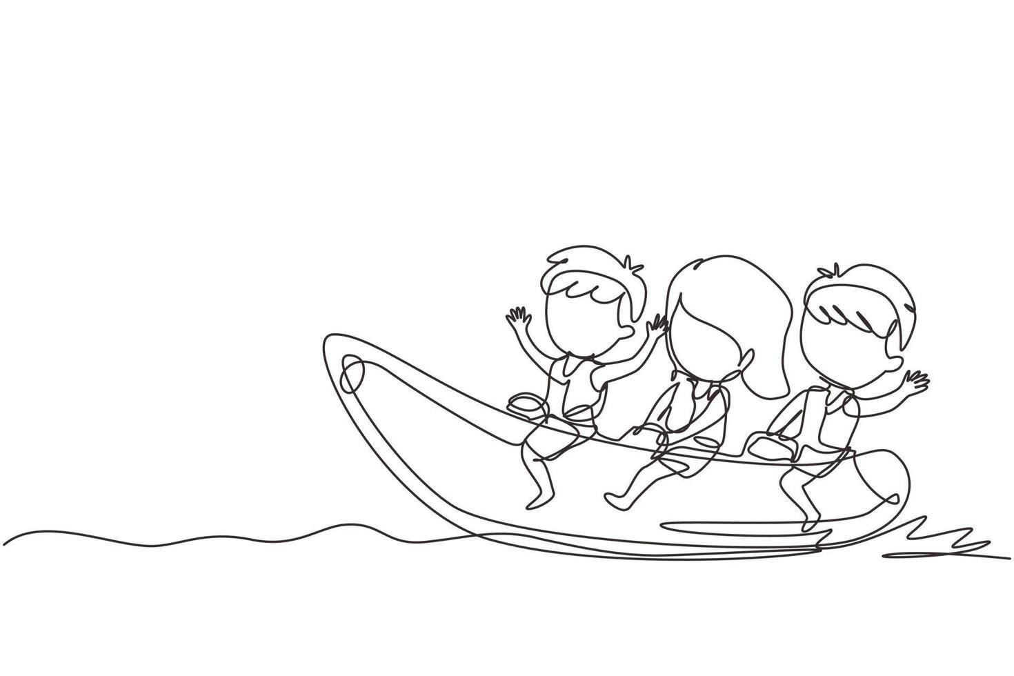 enkele één lijntekening kinderen die plezier hebben op bananenboot. gelukkige jonge geitjes met ritten bananenboot op strandgolven. zomer watersport concept. moderne doorlopende lijn tekenen ontwerp grafische vectorillustratie vector